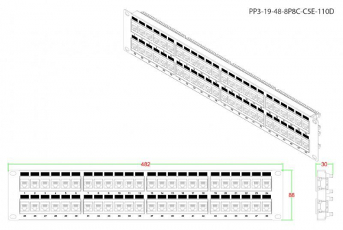 Патч-панель PP3-19-48-8P8C-C5E-110D 19дюйм. 2U 48 порт. RJ45 кат. 5e Dual IDC ROHS черн. Hyperline 246100 фото 2